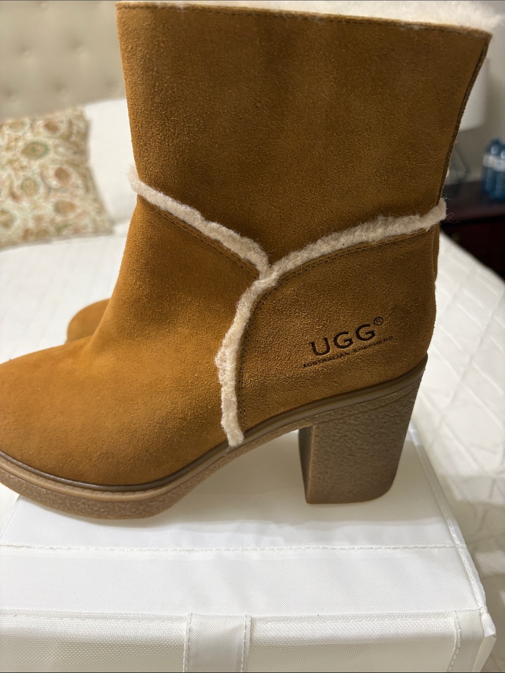 UGG Chestnut Suede Shearling Trim Block Heel Boot